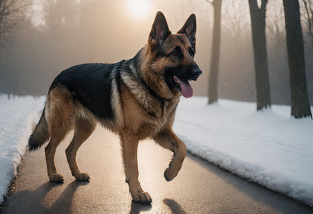 puppy breed German Shepherd walking in winter parkの素材
