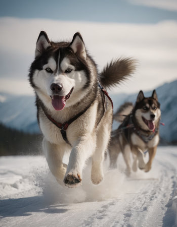front view at four Siberian huskys at race in winterの素材