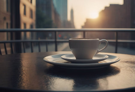 cup of hot coffee and tea on wood table besides windowの素材