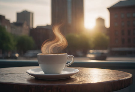 cup of hot coffee and tea on wood table besides windowの素材