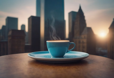 cup of hot coffee and tea on wood table besides windowの素材