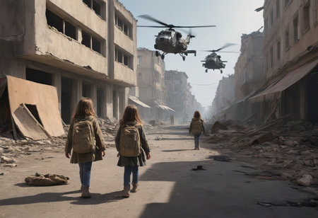 Children in a WarTorn City Living Under Constant Helicopter Surveillance Amidst Devastationの写真素材