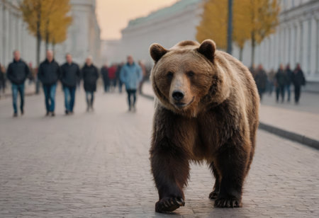 A large brown bear is now walking slowly down a bustling city street, creating a surprising scene for the onlookers aroundの素材