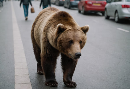 A large brown bear is now walking slowly down a bustling city street, creating a surprising scene for the onlookers aroundの素材