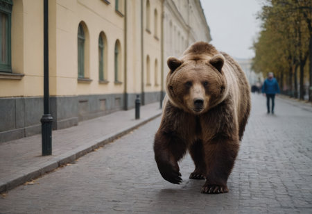 A large brown bear is now walking slowly down a bustling city street, creating a surprising scene for the onlookers aroundの素材