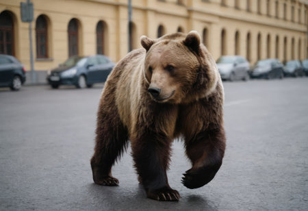 A large brown bear is now walking slowly down a bustling city street, creating a surprising scene for the onlookers aroundの素材