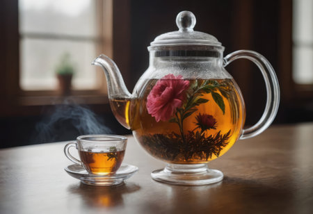 A beautiful glass cup filled with steaming tea and an elegant glass teapot placed on a rustic wooden table for a cozy settingの素材