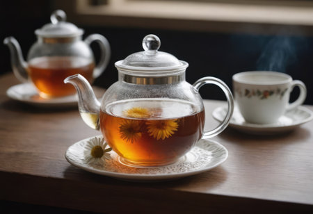 A beautiful glass cup filled with steaming tea and an elegant glass teapot placed on a rustic wooden table for a cozy settingの素材