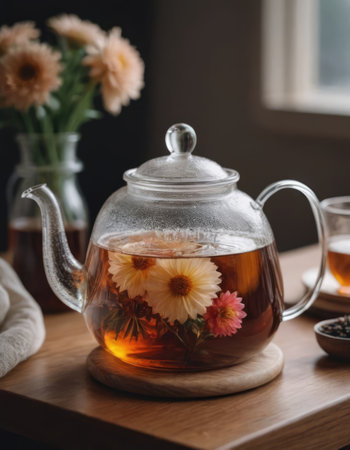 A beautiful glass cup filled with steaming tea and an elegant glass teapot placed on a rustic wooden table for a cozy settingの素材
