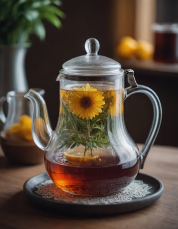A beautiful glass cup filled with steaming tea and an elegant glass teapot placed on a rustic wooden table for a cozy settingの素材