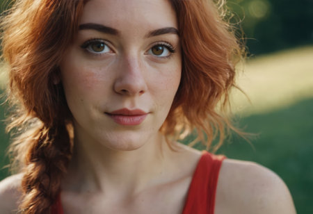 A woman who has beautiful red hair is elegantly wearing a striking necklace alongside a stunning red dress that complements her vibrant lookの素材