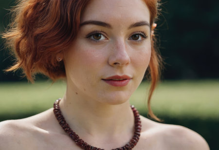 A woman who has striking red hair is wearing a beautiful necklace that features a heart charm adorning her necklineの素材