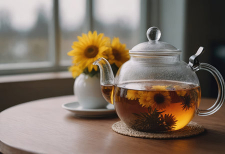 A beautiful glass teapot adorned with a vibrant yellow flower design is perfect for serving tea or any warm beverage with elegance and styleの素材
