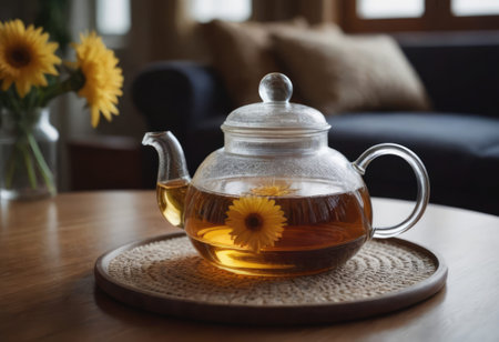 A beautiful glass teapot adorned with a vibrant yellow flower design is perfect for serving tea or any warm beverage with elegance and styleの素材