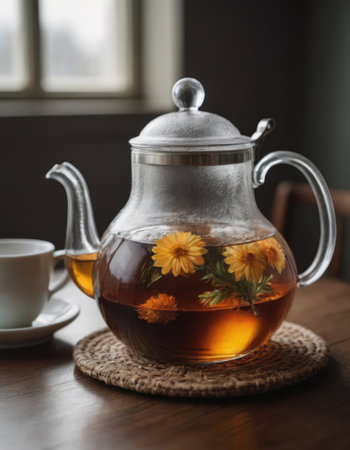 A beautiful glass teapot adorned with a vibrant yellow flower design is perfect for serving tea or any warm beverage with elegance and styleの素材