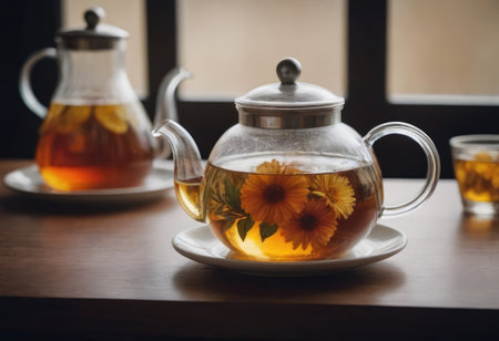 A beautiful glass teapot adorned with a vibrant yellow flower design is perfect for serving tea or any warm beverage with elegance and styleの素材