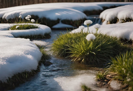 A few resilient plants are surprisingly growing out of the shimmering snow in a vast, snowy field that stretches as far as the eye can seeの素材