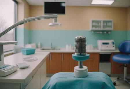 In a clean and sterile clinic environment, a skilled dental professional performs a treatment while a nurse assistsの素材
