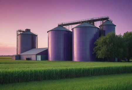 A long row of silos stands prominently in the middle of a vast open field, serving as essential storage for agricultural produce and materialsの素材