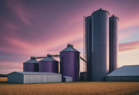 A long row of silos stands prominently in the middle of a vast open field, serving as essential storage for agricultural produce and materialsの素材