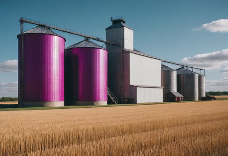 A long row of silos stands prominently in the middle of a vast open field, serving as essential storage for agricultural produce and materialsの素材