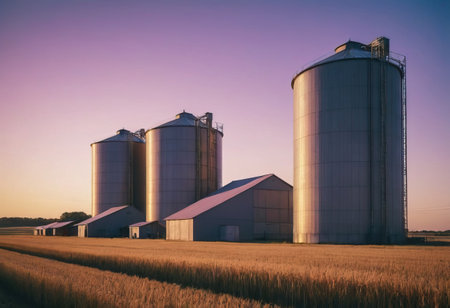 A long row of silos stands prominently in the middle of a vast open field, serving as essential storage for agricultural produce and materialsの素材