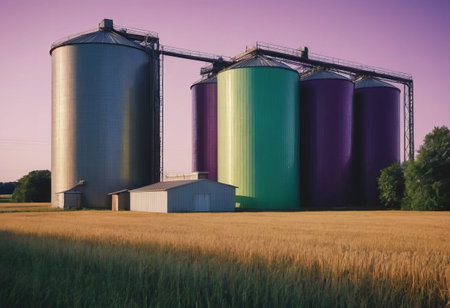 A long row of silos stands prominently in the middle of a vast open field, serving as essential storage for agricultural produce and materialsの素材