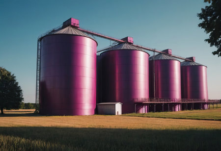 A long row of silos stands prominently in the middle of a vast open field, serving as essential storage for agricultural produce and materialsの素材