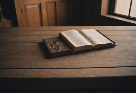 An open book is resting on a rustic wooden table while a flickering candle burns brightly beside it, creating a cozy atmosphereの素材