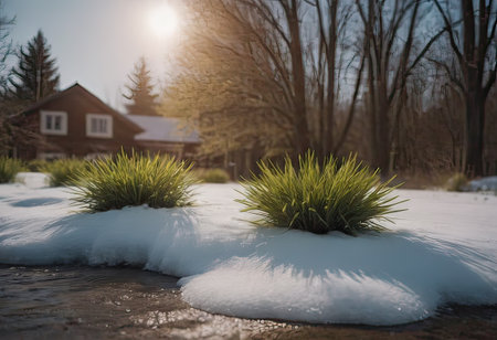 A small green plant is bravely growing out of the untouched snow near a gently flowing stream, showing resilience in winter conditionsの素材