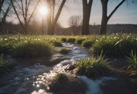 A small green plant is bravely growing out of the untouched snow near a gently flowing stream, showing resilience in winter conditionsの素材