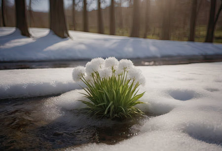 A small green plant is bravely growing out of the untouched snow near a gently flowing stream, showing resilience in winter conditionsの素材