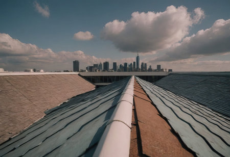 A stunning aerial view that showcases contemporary metal roofs expertly integrated into modern urban architectureの素材