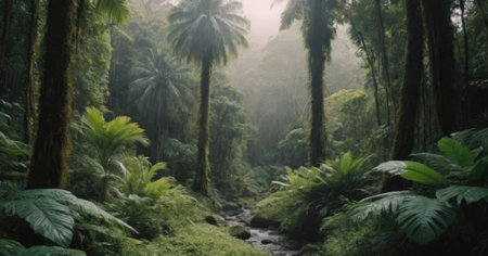 A vibrant and lush green forest beautifully adorned with palm trees, set against the breathtaking backdrop of majestic mountainsの素材