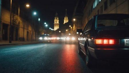 A sleek black car is cruising down a dimly lit street at night, and its license plate prominently displays the characters lc 8294の素材