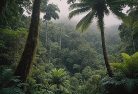 A serene and inviting path meanders through an abundant lush green forest, filled with towering palm trees and vibrant ferns all aroundの素材