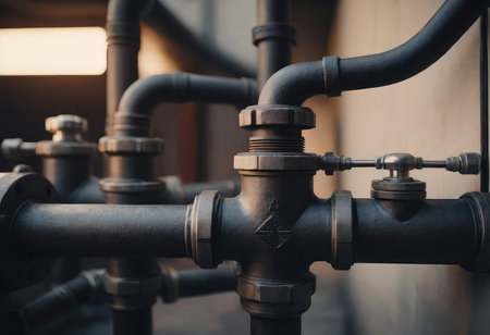 A collection of various pipes is beautifully showcased against a stunning sunset that adds a warm glow to the entire sceneの素材