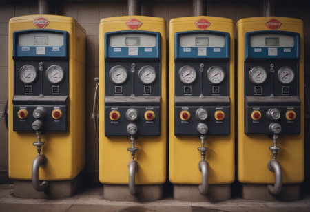 A row of multiple gas pumps located at a Shell gas station providing services for drivers in need of fuel for their vehiclesの素材