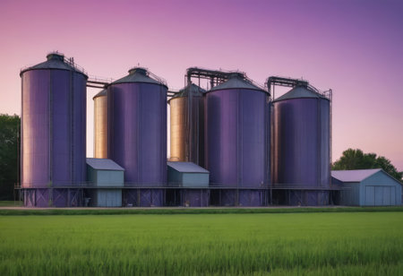 In a vast field, there are purple silos standing tall against a bright blue sky that serves as a picturesque backdrop to the sceneの素材