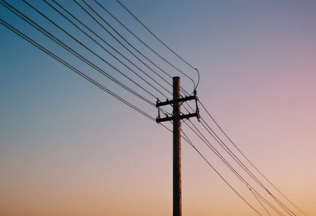 A long row of power lines is meticulously lined up in a vast open field, stretching across the landscape and connecting power sourcesの素材