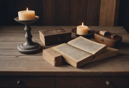 A beautifully serene setup adorned with candles and a collection of old books, ideal for enjoying cozy reading momentsの素材