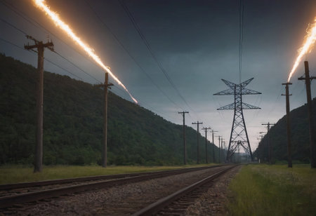A long row of power lines is meticulously lined up in a vast open field, stretching across the landscape and connecting power sourcesの素材
