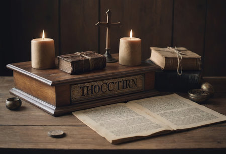 A beautifully serene setup adorned with candles and a collection of old books, ideal for enjoying cozy reading momentsの素材