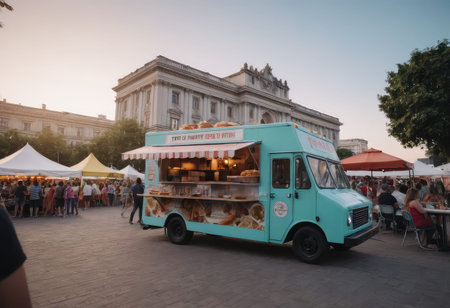 A bright white food truck is currently parked on a bustling city street, ready to serve delicious meals to passersby and locals alikeの素材