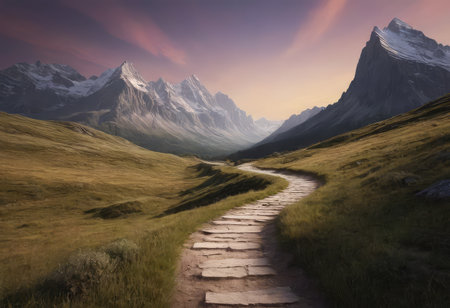 A wooden walkway that is situated right in the middle of a vast desert landscape, surrounded by endless sand and sky for miles aroundの素材
