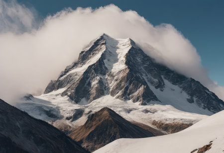 A picturesque snowy mountain is beautifully covered in fluffy clouds, set against the vivid backdrop of a clear blue skyの素材