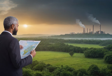 A man is intently looking at a detailed map, while a large factory looms prominently in the background, illustrating industry and planningの素材