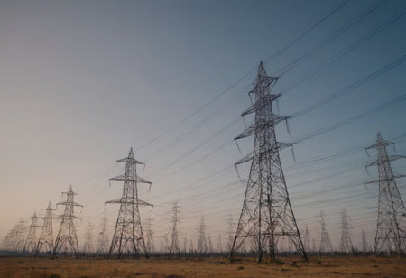 A breathtaking and stunning view of power lines gracefully stretching across a wide open landscape at sunsetの素材