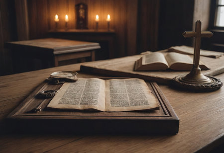 A serene composition of ancient texts and religious artifacts, enhanced by soft candlelight for a tranquil spaceの素材