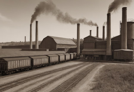 A captivating black and white photograph depicting a factory with noticeable smoke billowing out of its tall chimneys, illustrating industrial activityの素材